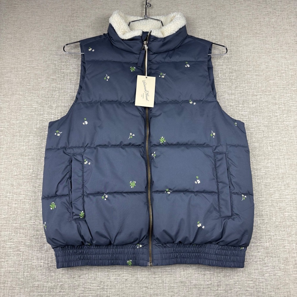 Universal Thread Womens Floral Puffer Vest Blue Faux Shearling Collar Small NEW
